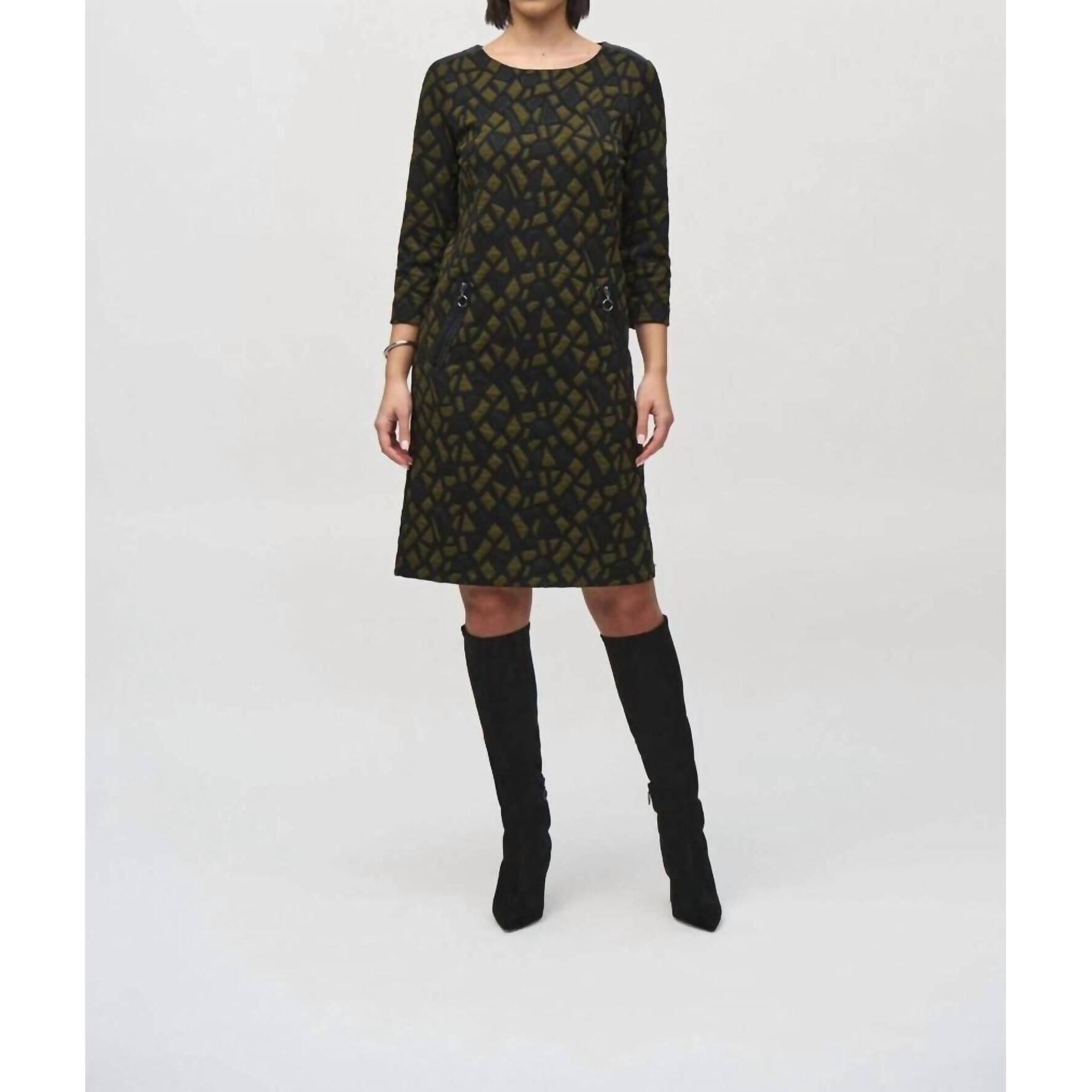 New Joseph Ribkoff Knee-Length Shift Dress In Olive/Black
